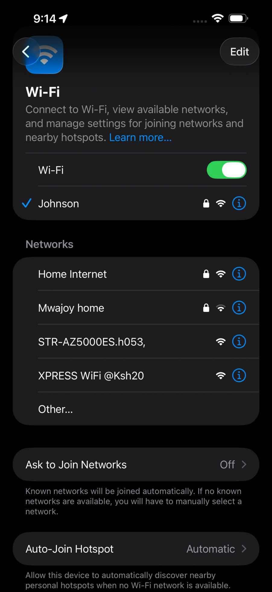 Screenshot showing Wi-Fi Settings on iphone