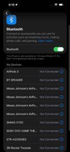 Screenshot showing Bluetooth Settings on iPhone