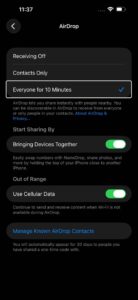 Screenshot showing AirDrop settings on iPhone