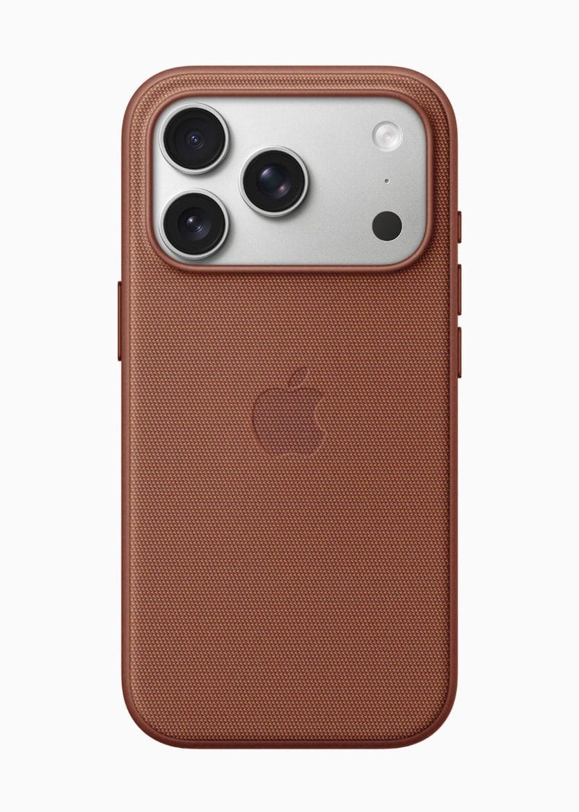 iPhone 17 Pro shown in a TechWoven Case in sienna.