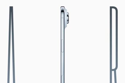 iPhone Air is held up by a hand between the letters “A” and “R,” forming the word “AIR.”