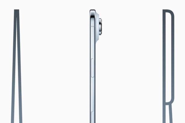 iPhone Air is held up by a hand between the letters “A” and “R,” forming the word “AIR.”