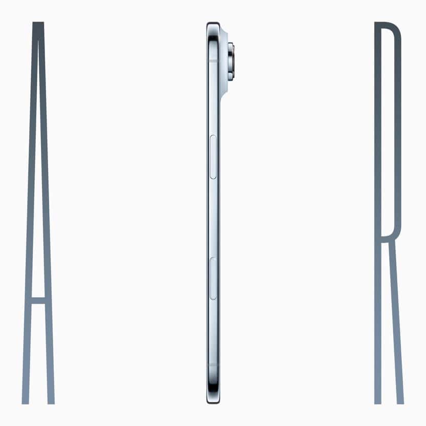 iPhone Air is held up by a hand between the letters “A” and “R,” forming the word “AIR.”