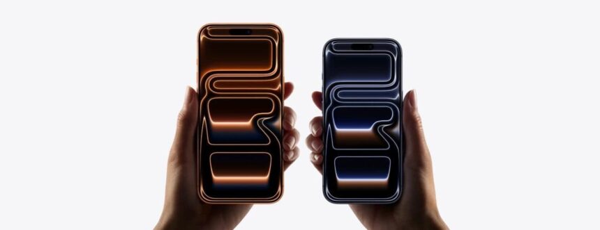 Two models, iPhone 17 Pro Max, iPhone 17 Pro, a hand holds each model, iPhone 17 Pro Max is taller and wider in the hand than iPhone 17 Pro, all screen display, rounded corners