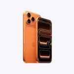 iPhone 17 Pro, back exterior, cosmic orange color, Pro Fusion camera system at top, Apple logo in center, front exterior all screen design, side exterior, Action button, volume buttons, Side button, Camera Control button