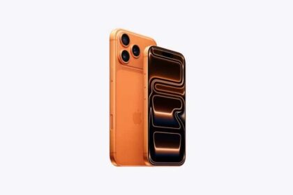iPhone 17 Pro, back exterior, cosmic orange color, Pro Fusion camera system at top, Apple logo in center, front exterior all screen design, side exterior, Action button, volume buttons, Side button, Camera Control button