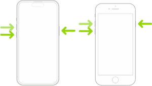 An illustration of two iPhone models, one with a Home button and one without, with the screens facing up. The volume buttons for each model are on the left side of iPhone, and the side button is on the right.