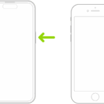Illustrations of two different iPhone models with the screens facing up. The leftmost illustration shows the volume up and volume down buttons on the left side of the device and the side button on the right. The rightmost illustration shows the side button on the right of the device.