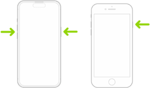 Illustrations of two different iPhone models with the screens facing up. The leftmost illustration shows the volume up and the volume down buttons on the left side of the device and the side button on the right. The rightmost illustration shows the side button on the right of the device.