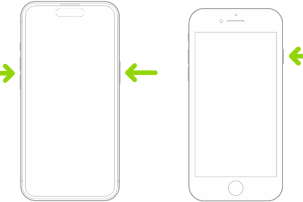 Illustrations of two different iPhone models with the screens facing up. The leftmost illustration shows the volume up and volume down buttons on the left side of the device and the side button on the right. The rightmost illustration shows the side button on the right of the device.