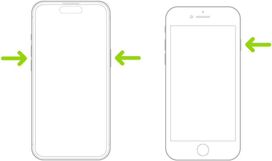 Illustrations of two different iPhone models with the screens facing up. The leftmost illustration shows the volume up and volume down buttons on the left side of the device and the side button on the right. The rightmost illustration shows the side button on the right of the device.