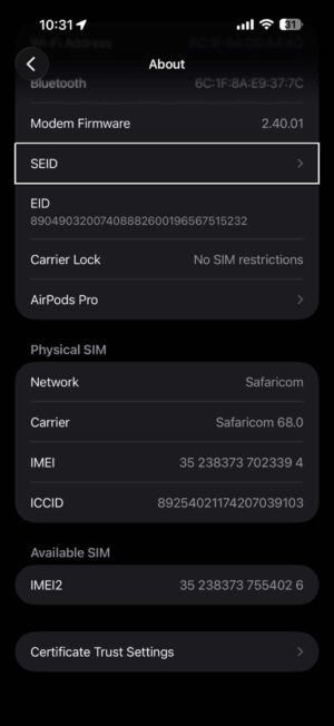 Screenshot showing About Settings on iPhone