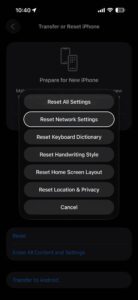Screenshot showing option to Reset Network Settings on iPhone