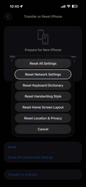 Screenshot showing option to Reset Network Settings on iPhone