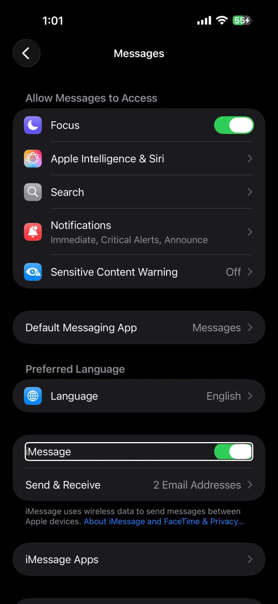 Messages Settings on iPhone