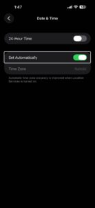 Screenshot showing date and time settings on iPhone