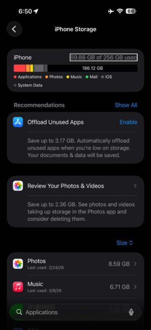 Screenshot showing iPhone storage page on iPhone