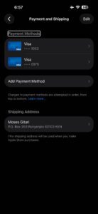 Screenshot showing payment method page on iPhone