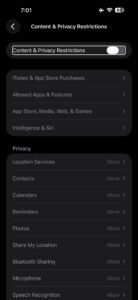 Screenshot showing Content & Privacy Restrictions in screen time settings
