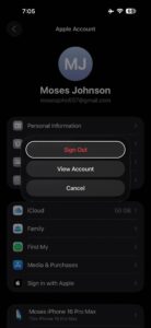 In Media & Purchases settings on iPhone, tap Sign Out