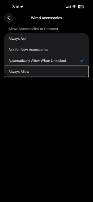 Wired Accessories settings on iPhone