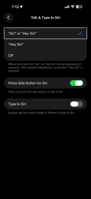 Talk & Type to Siri settings on iPhone