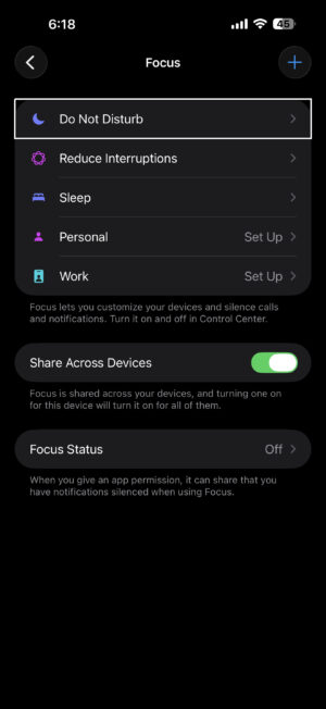 Screenshot showing focus settings on iPhone