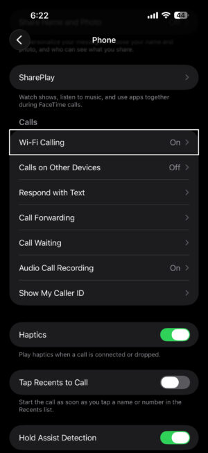 Phone settings on iPhone showing Wi-Fi calling settings
