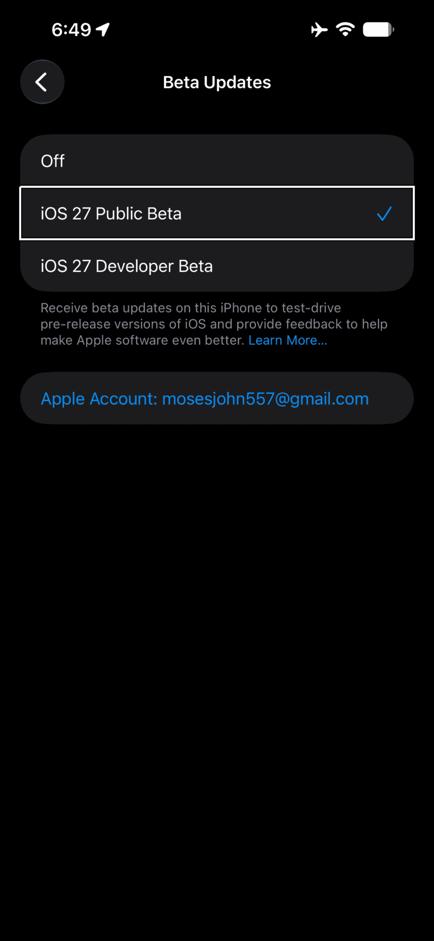 iPhone Beta Updates screen with iOS 27 Public Beta selected