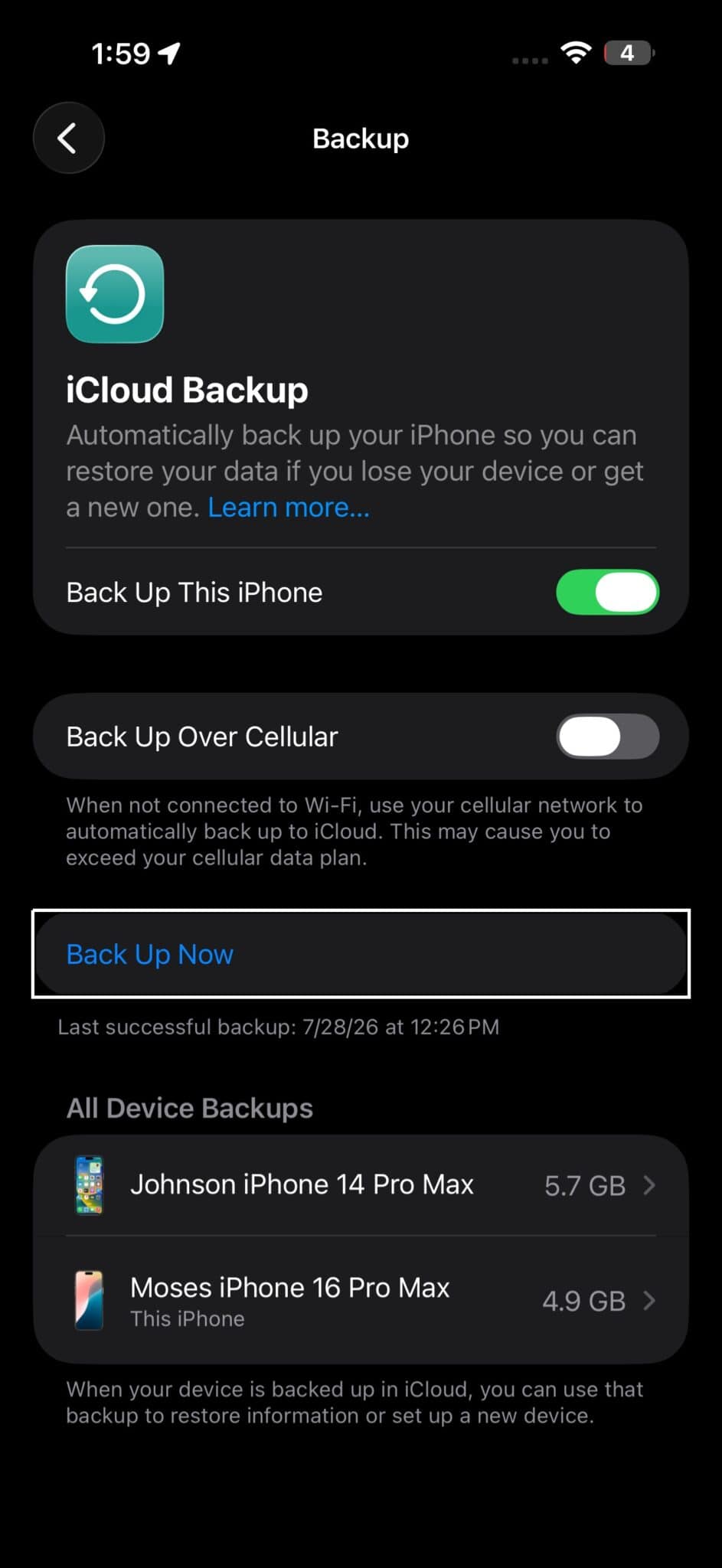 iCloud Backup screen in iPhone Settings with Back Up This iPhone turned on and Back Up Now highlighted