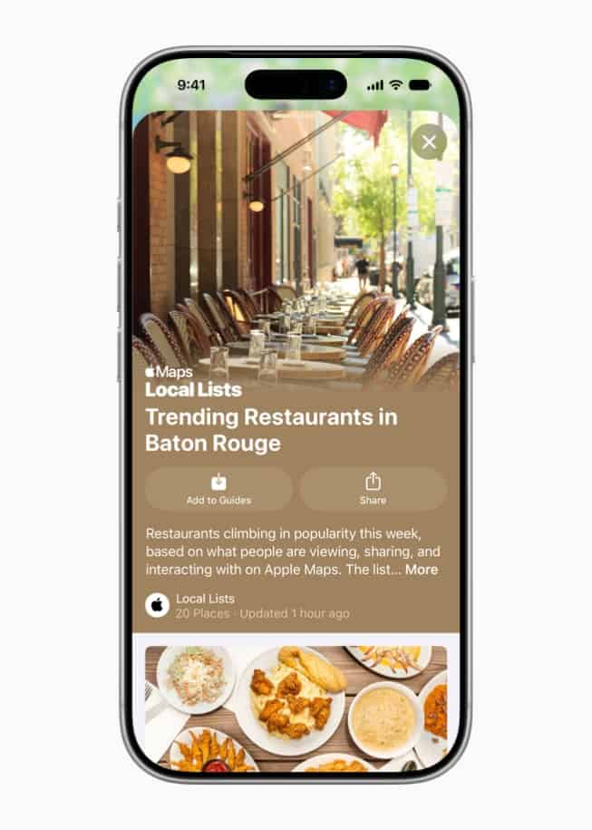 iPhone 17 Pro shows a Local Lists screen featuring trending restaurants in Baton Rouge.