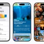 Three iPhone 17 Pro devices show screens from various Apple services.