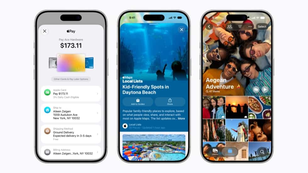 Three iPhone 17 Pro devices show screens from various Apple services.
