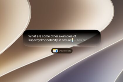 A MacBook screen showing Siri AI integrated into Spotlight, answering a question.