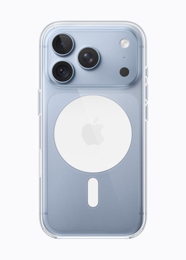 iPhone 18 Pro in glacier is paired with the Clear Case.