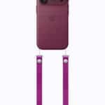 A burgundy iPhone 18 Pro with coordinating case is paired with a magenta Crossbody Strap.