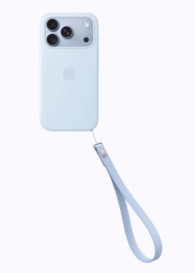 iPhone 18 Pro in glacier is paired with the glacier Wrist Strap.