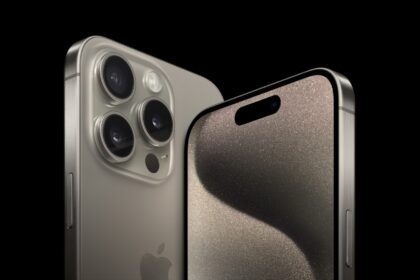 The iPhone 15 Pro and iPhone 15 Pro Max in the natural titanium finish.