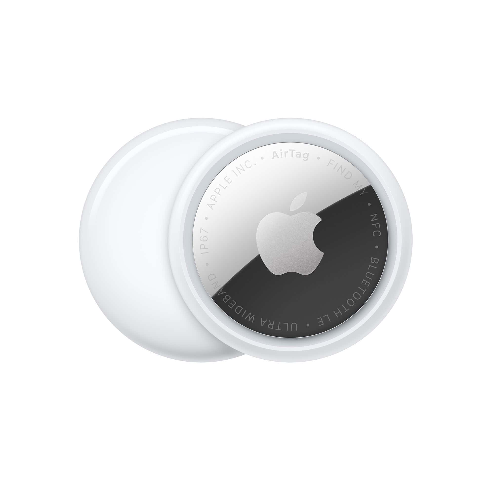 AirTag, circular shape, white color ring around outer edge, front exterior, reflective silver color material, Apple logo, centered, back exterior, white color  