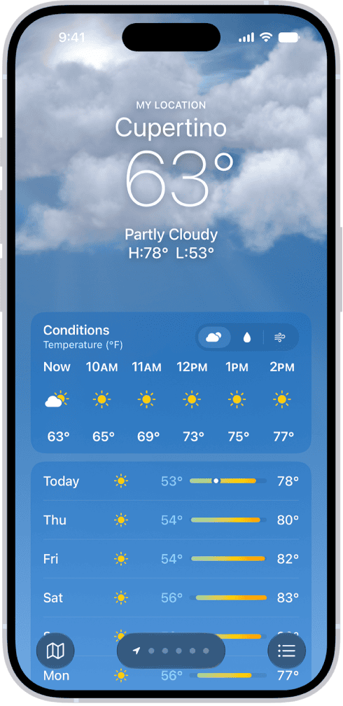 The Weather app on iPhone showing current conditions, the hourly forecast and the 10-day forecast