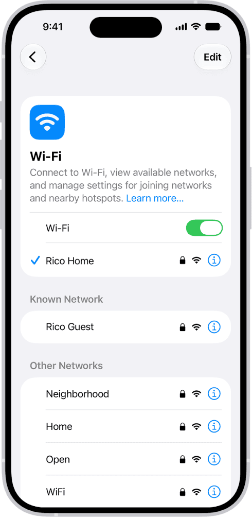 The Wi-Fi options screen in Settings. Wi-Fi is turned on, and a network is selected.