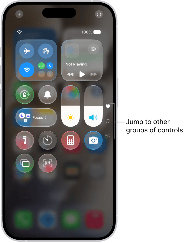 Control Center open on the iPhone screen, with icons on the right for viewing other groups of controls.